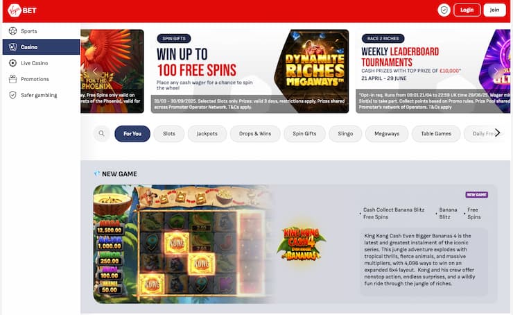 Casino display from VirginBet, a major player among casinos outside GamStop.